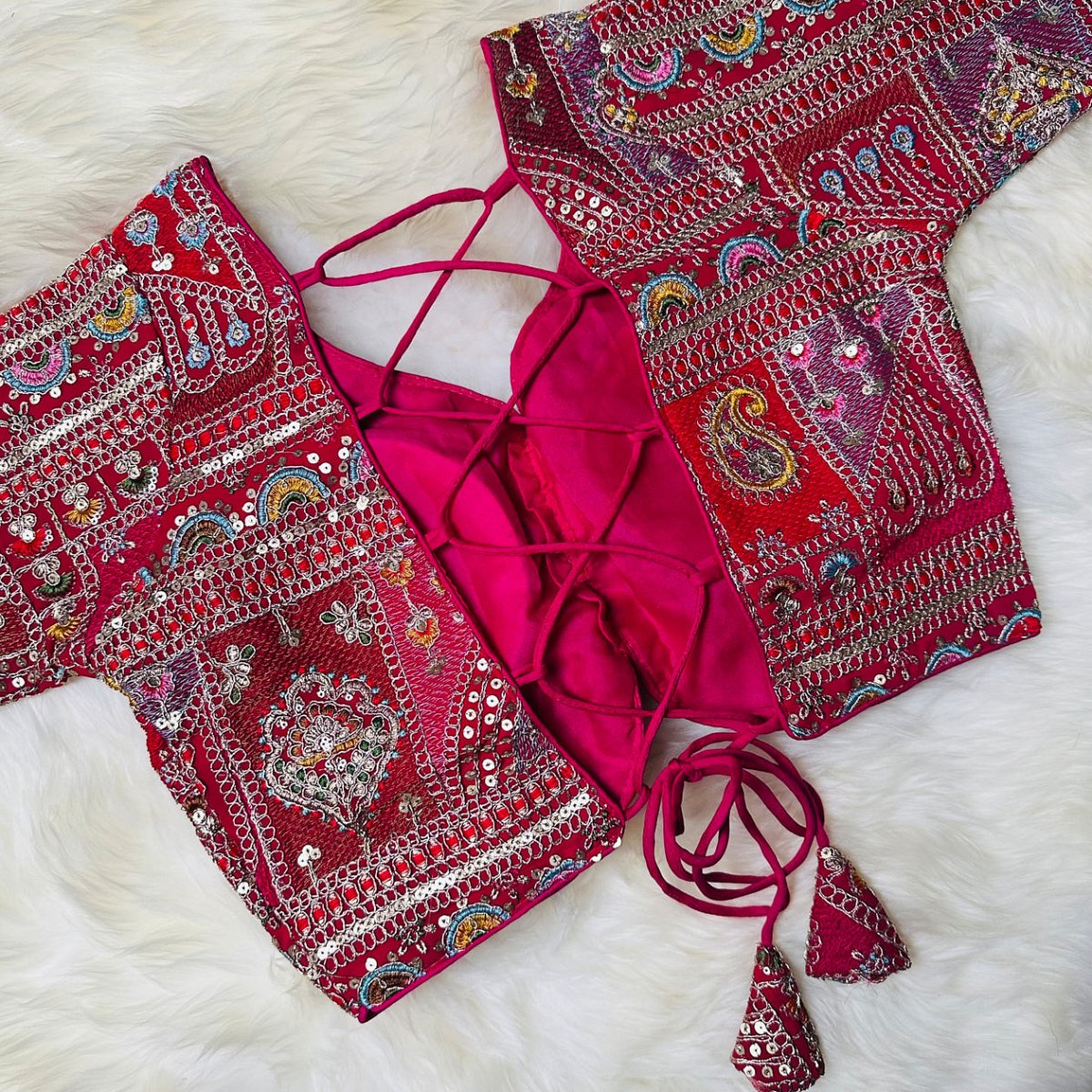 Festive Rani Pink Georgette Blouse with Multicolour Embroidery – 7” Sleeves, Laced Back - swadeshsouq.com
