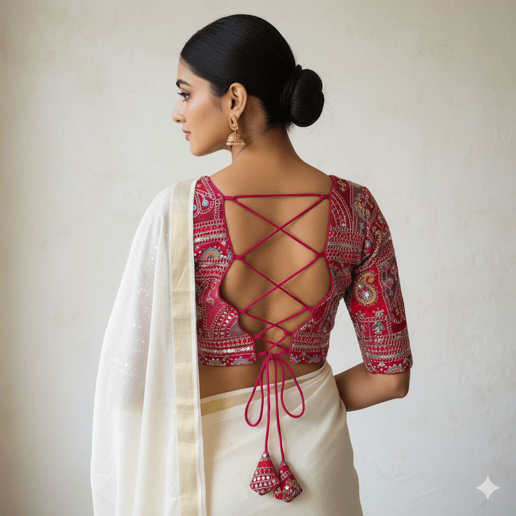 Festive Rani Pink Georgette Blouse with Multicolour Embroidery – 7” Sleeves, Laced Back - swadeshsouq.com