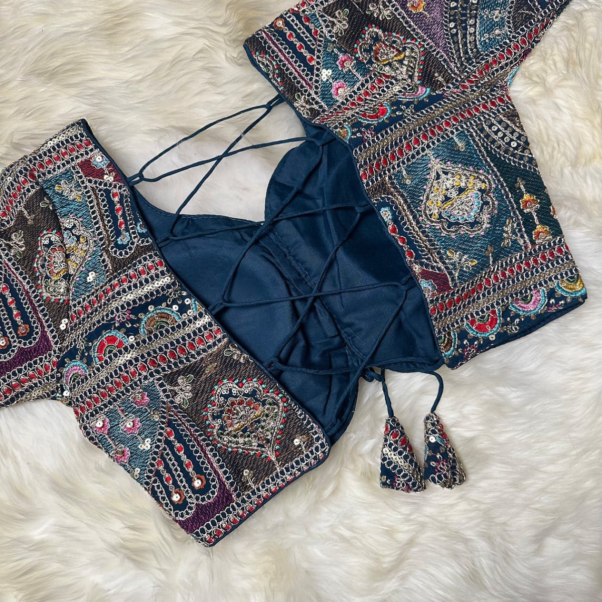 Festive Teal Blue Georgette Blouse with Multicolour Embroidery – 7” Sleeves, Laced Back - swadeshsouq.com