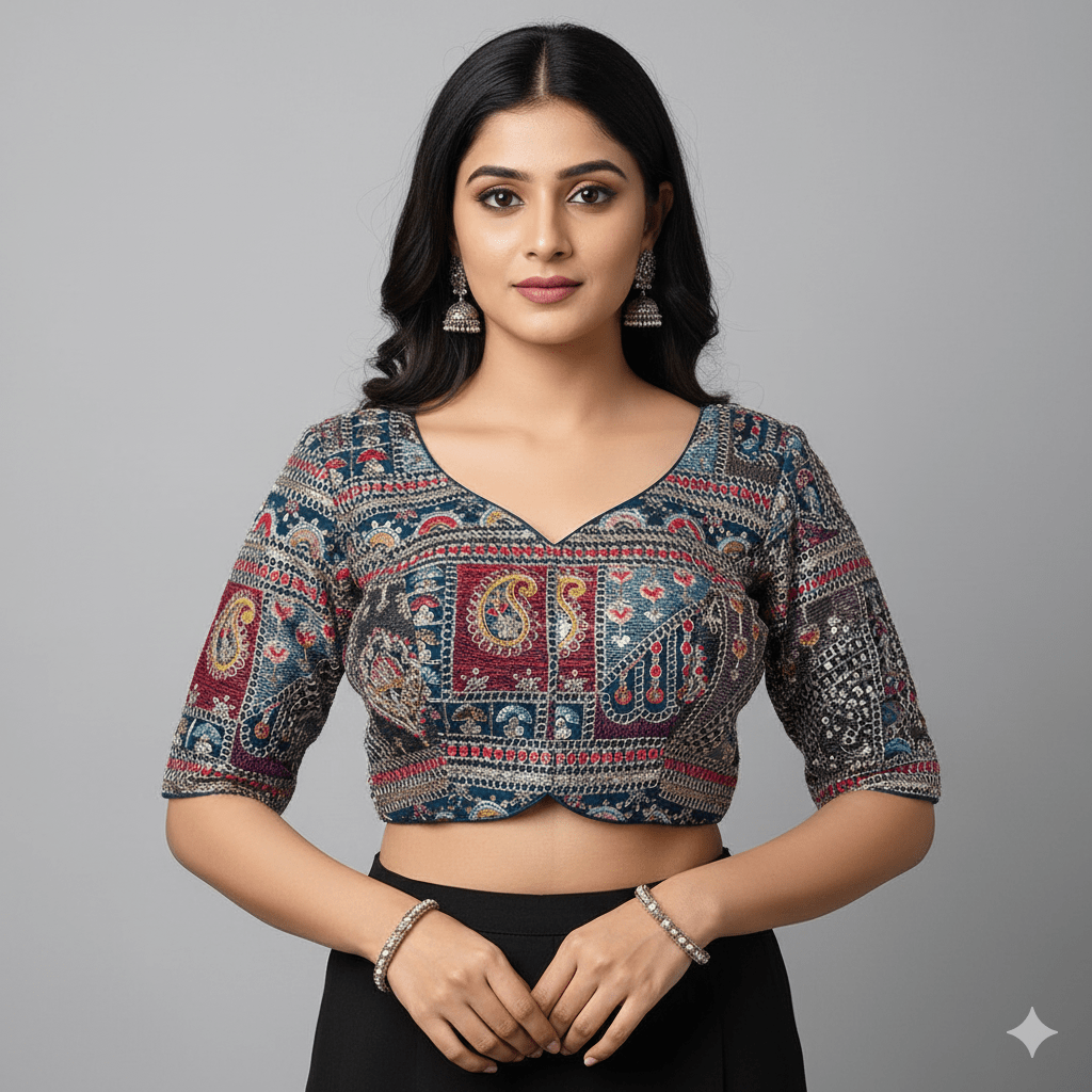 Festive Teal Blue Georgette Blouse with Multicolour Embroidery – 7” Sleeves, Laced Back - swadeshsouq.com