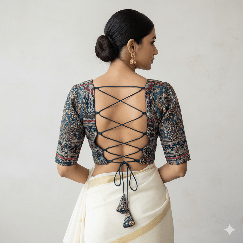 Festive Teal Blue Georgette Blouse with Multicolour Embroidery – 7” Sleeves, Laced Back - swadeshsouq.com