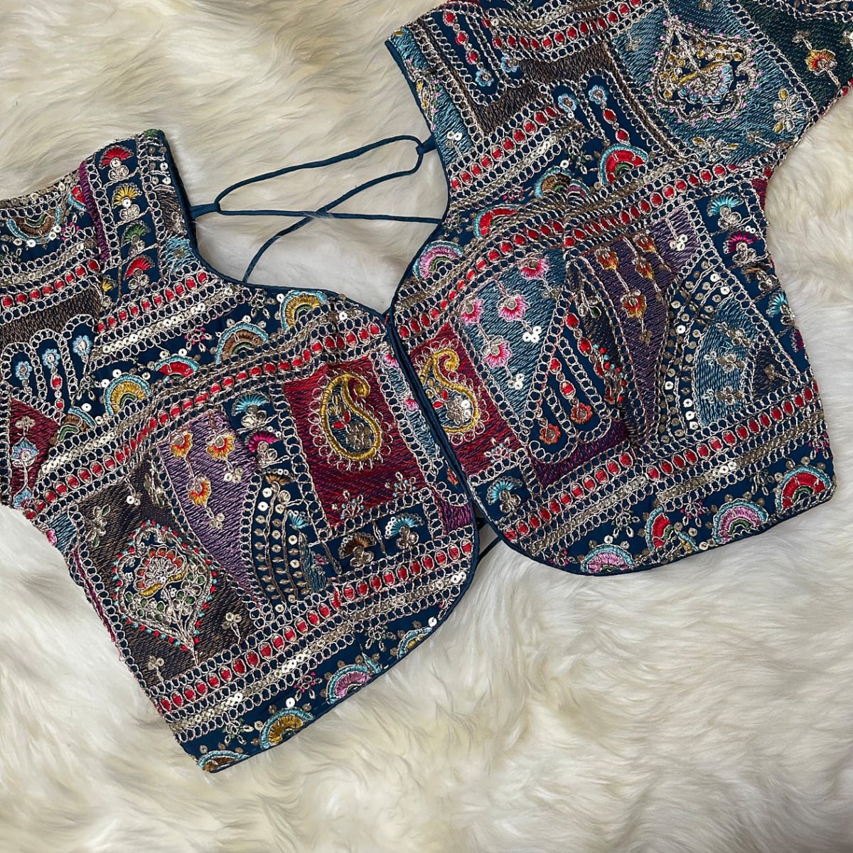 Festive Teal Blue Georgette Blouse with Multicolour Embroidery – 7” Sleeves, Laced Back - swadeshsouq.com