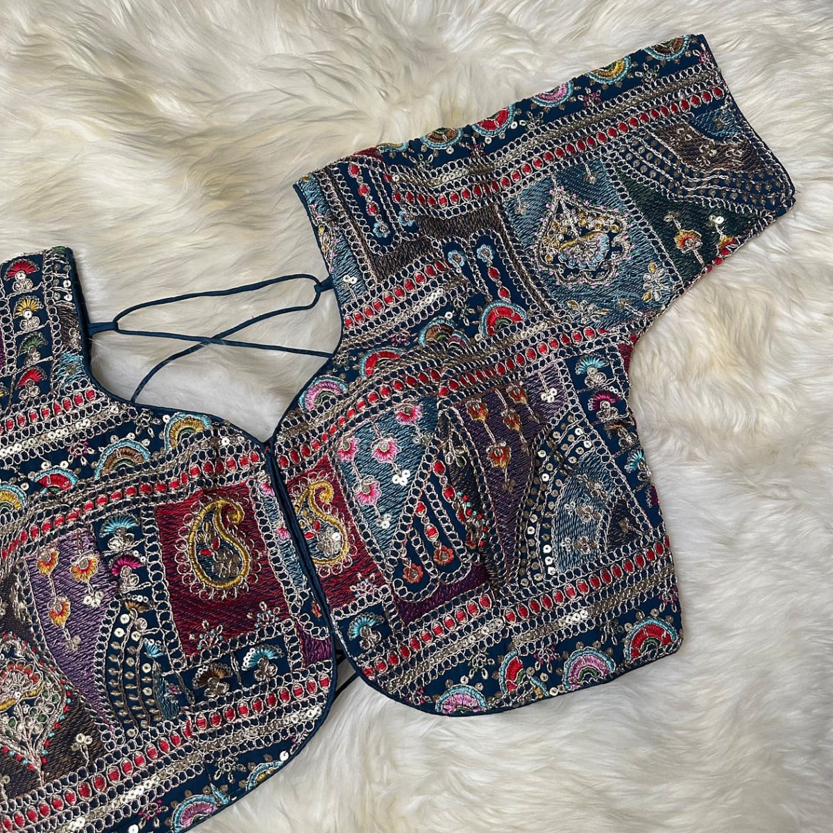 Festive Teal Blue Georgette Blouse with Multicolour Embroidery – 7” Sleeves, Laced Back - swadeshsouq.com