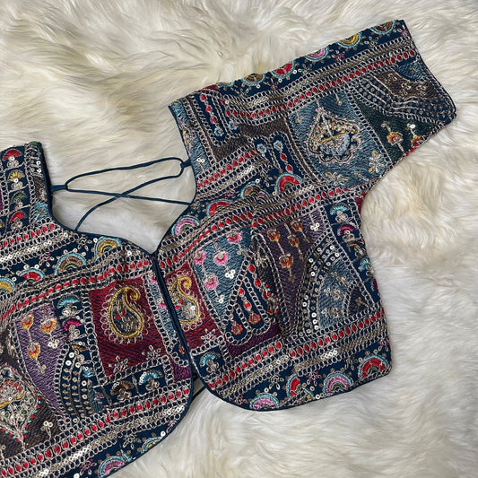 Festive Teal Blue Georgette Blouse with Multicolour Embroidery – 7” Sleeves, Laced Back - swadeshsouq.com