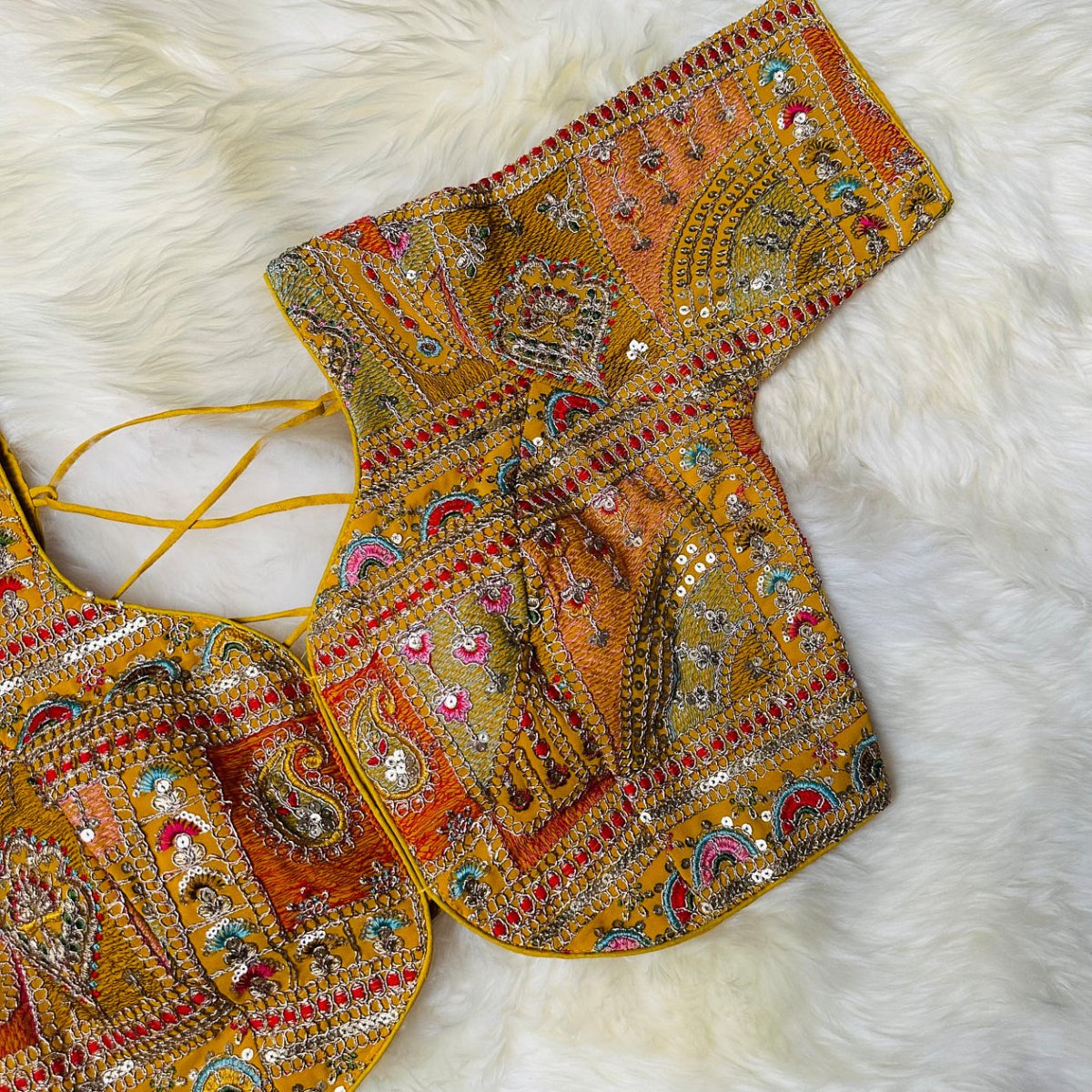 Festive Yellow Georgette Blouse with Multicolour Embroidery – 7” Sleeves, Laced Back - swadeshsouq.com