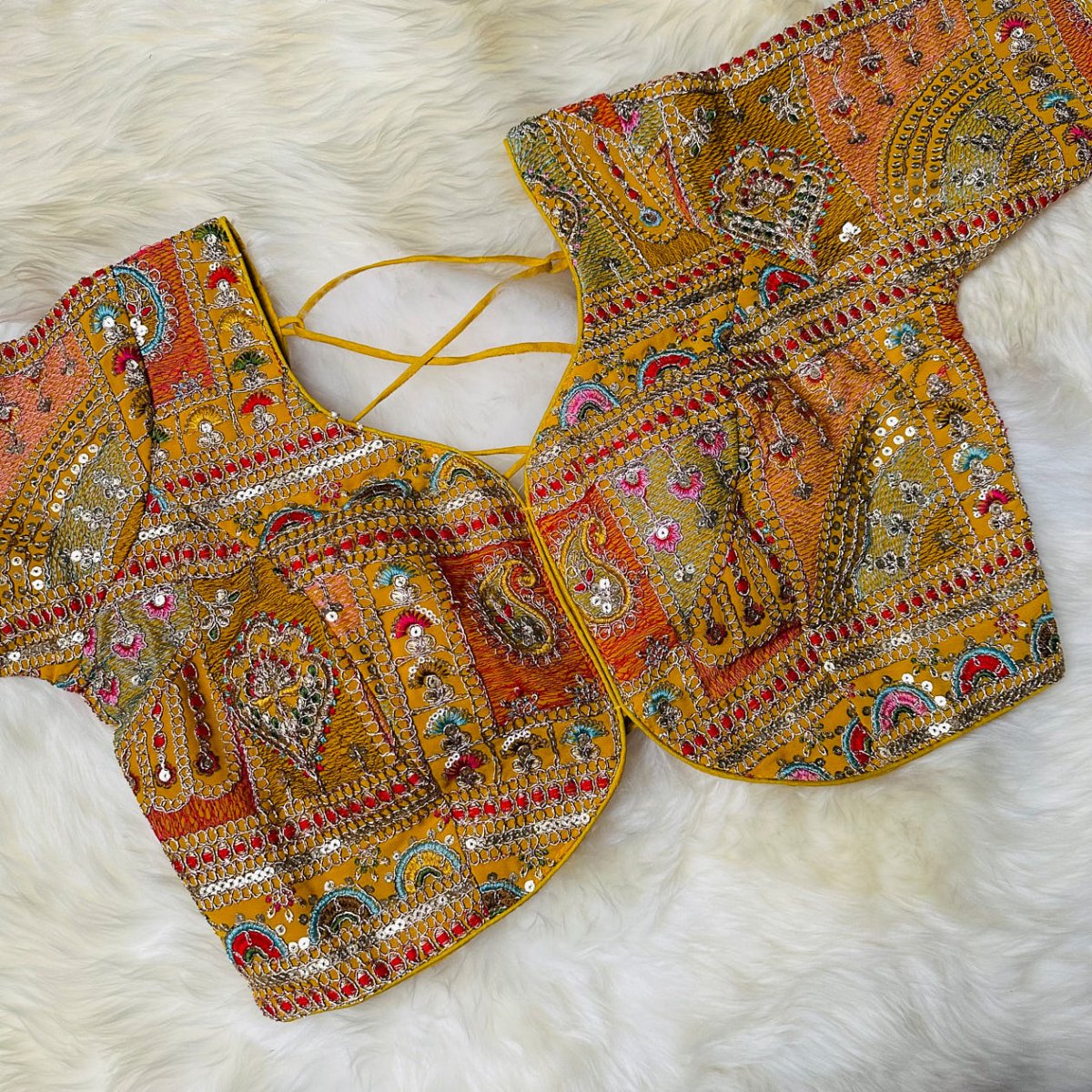 Festive Yellow Georgette Blouse with Multicolour Embroidery – 7” Sleeves, Laced Back - swadeshsouq.com