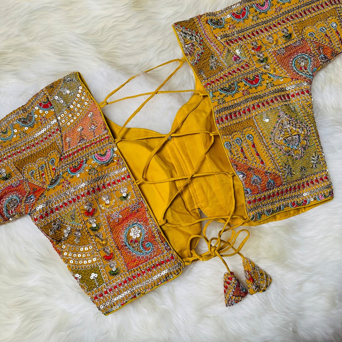 Festive Yellow Georgette Blouse with Multicolour Embroidery – 7” Sleeves, Laced Back - swadeshsouq.com