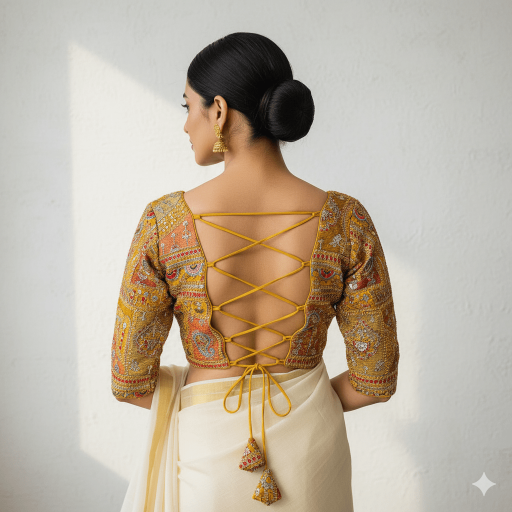 Festive Yellow Georgette Blouse with Multicolour Embroidery – 7” Sleeves, Laced Back - swadeshsouq.com