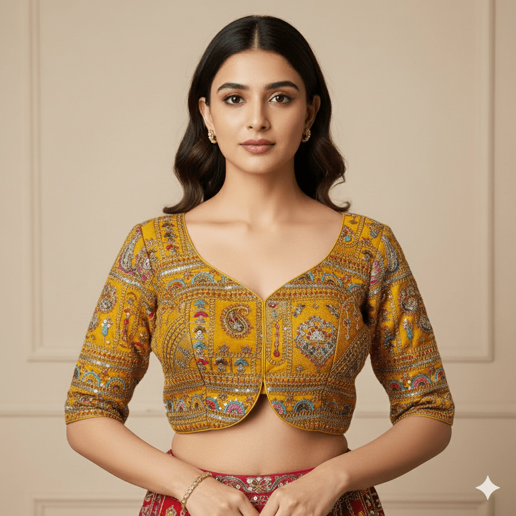 Festive Yellow Georgette Blouse with Multicolour Embroidery – 7” Sleeves, Laced Back - swadeshsouq.com