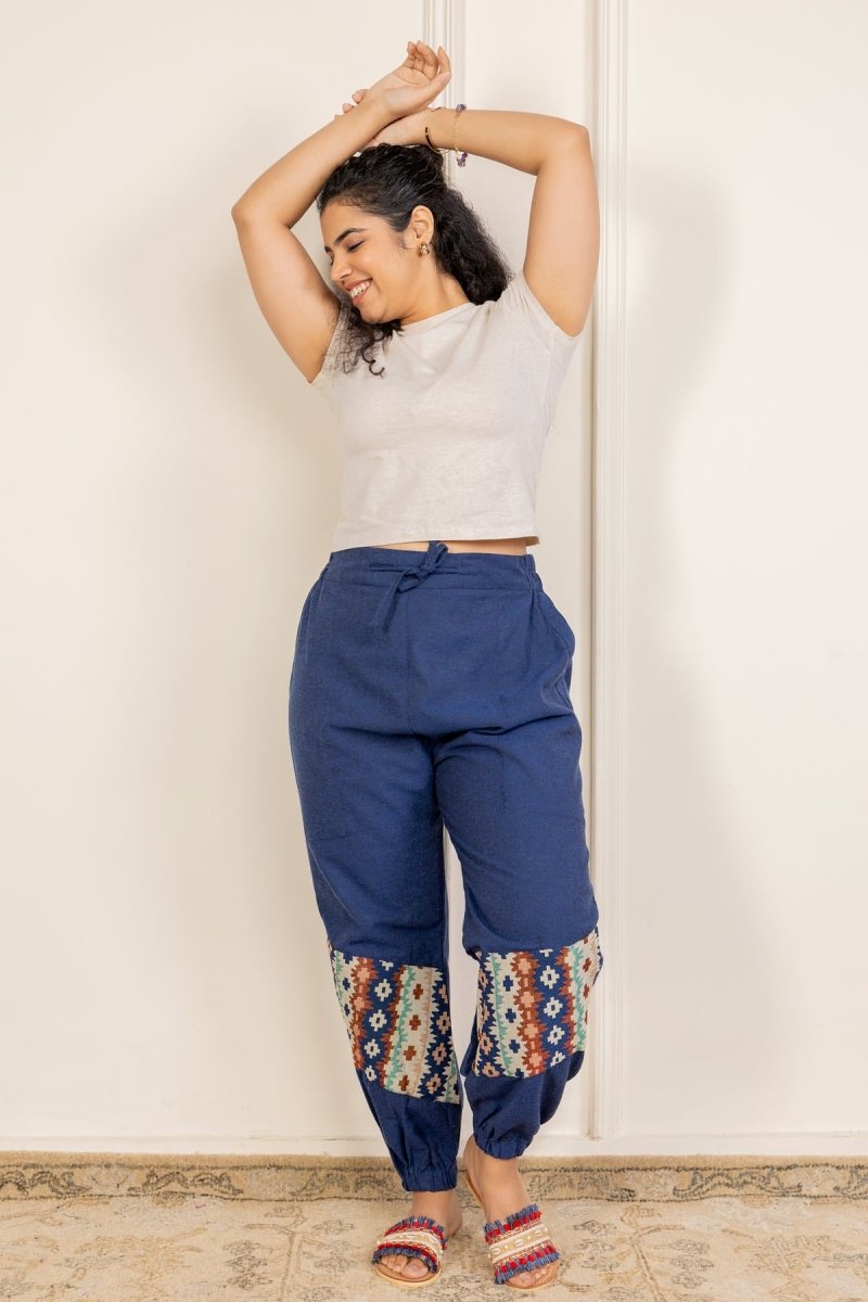 Floral Bohemian Patchwork Joggers - Midnight Blue | Yoga Wear - swadeshsouq.com