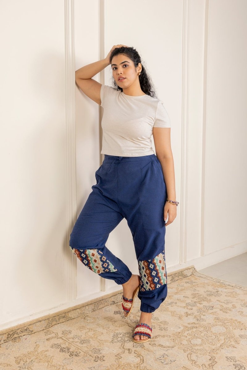 Floral Bohemian Patchwork Joggers - Midnight Blue | Yoga Wear - swadeshsouq.com