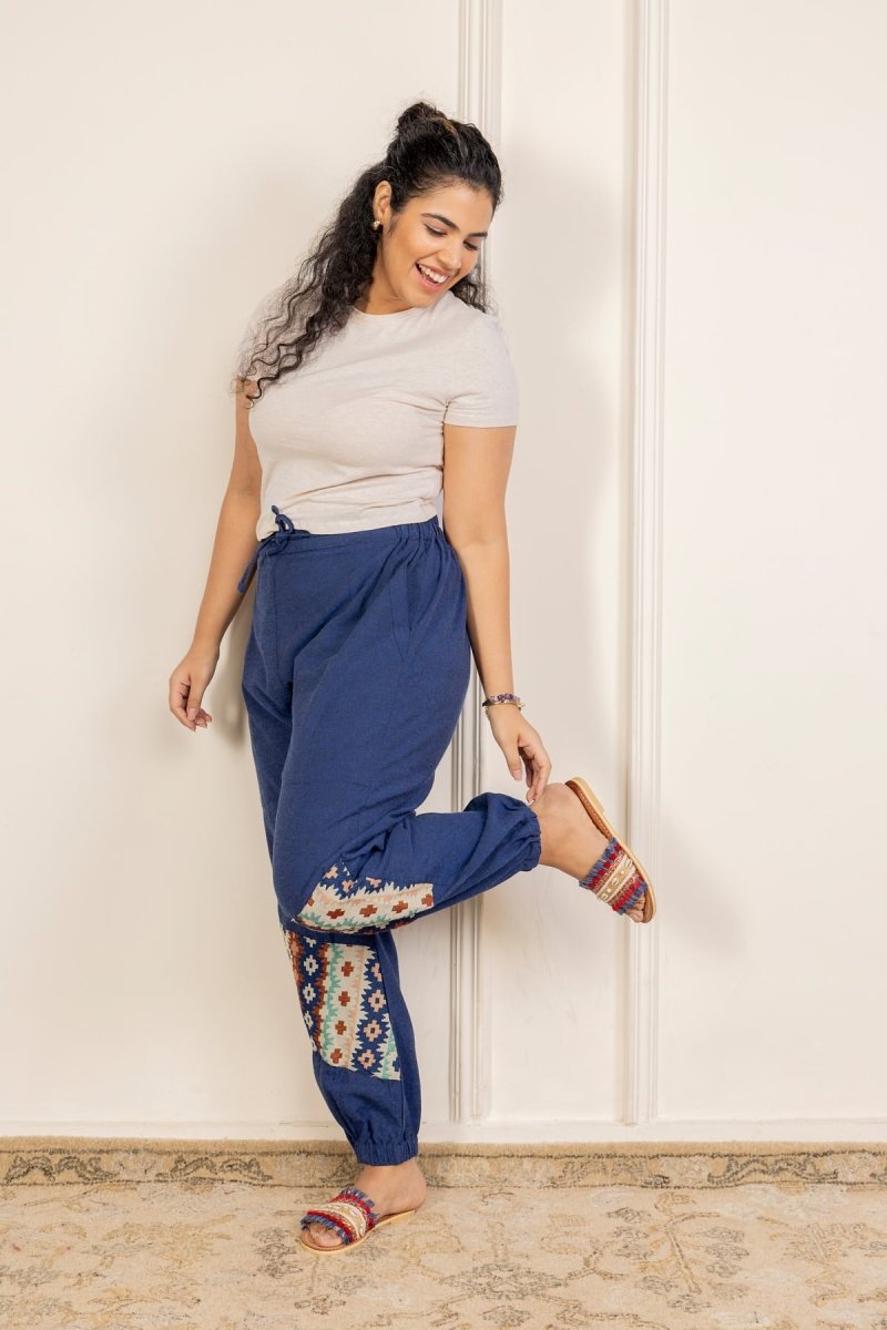 Floral Bohemian Patchwork Joggers - Midnight Blue | Yoga Wear - swadeshsouq.com