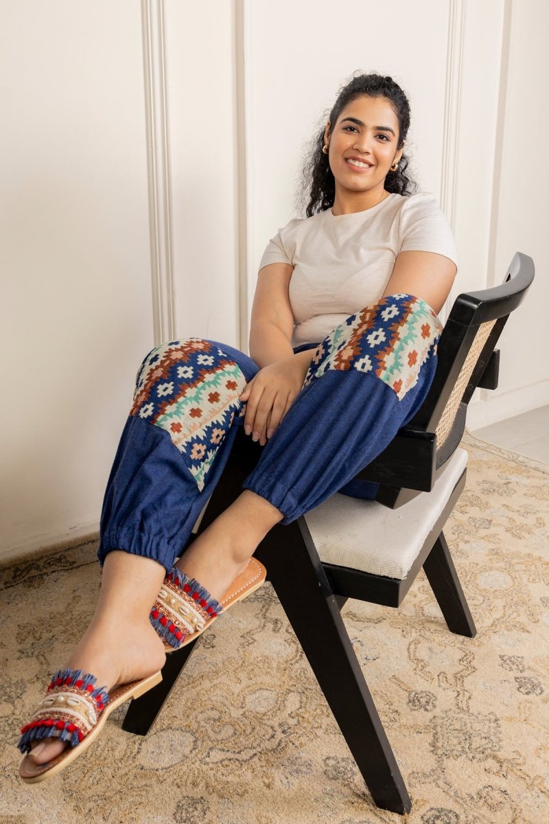 Floral Bohemian Patchwork Joggers - Midnight Blue | Yoga Wear - swadeshsouq.com