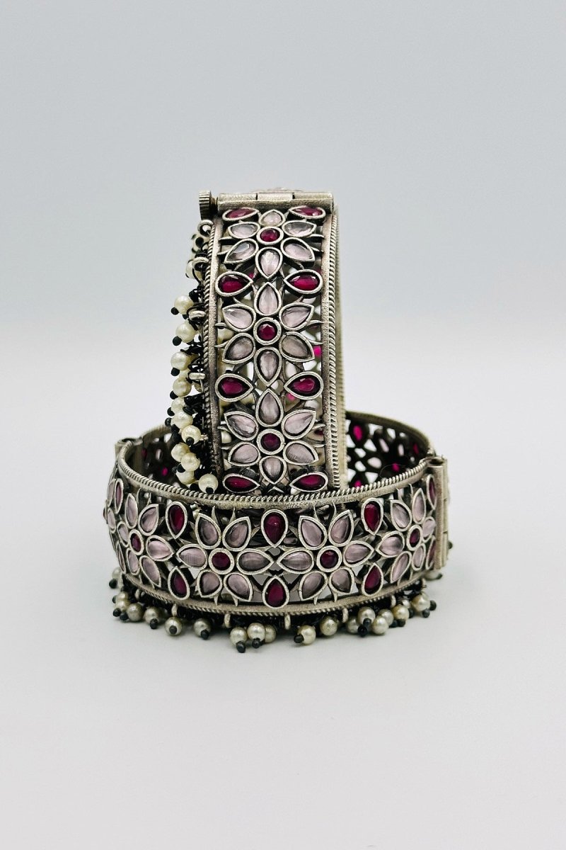 Floral Splendor: Silver Bangles Adorned with Deep Pink and Blush Pink Stones and Pearls - swadeshsouq.com