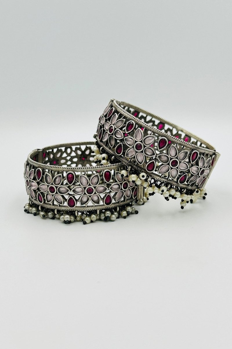 Floral Splendor: Silver Bangles Adorned with Deep Pink and Blush Pink Stones and Pearls - swadeshsouq.com