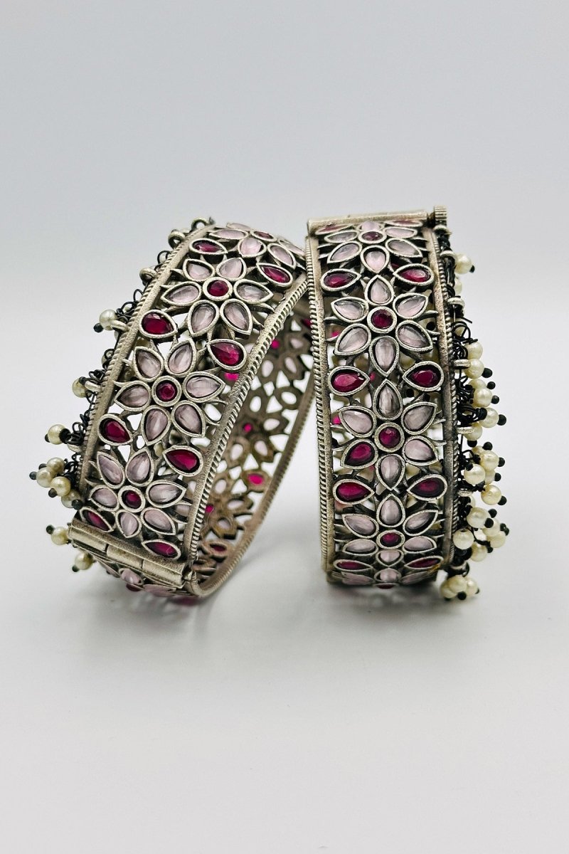 Floral Splendor: Silver Bangles Adorned with Deep Pink and Blush Pink Stones and Pearls - swadeshsouq.com