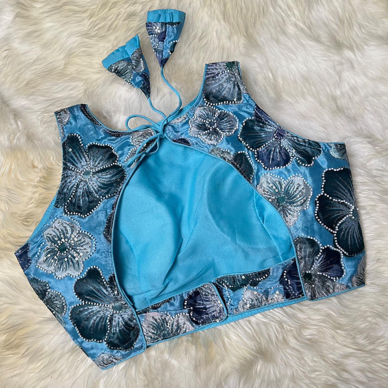 Blue Chinnon Blouse with Bright Floral Embroidery, Beads & Sequins | Sleeves Included (Fits 32–40)