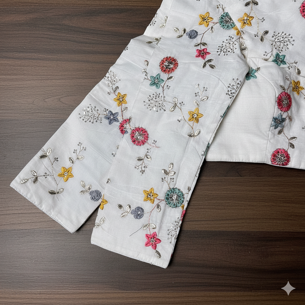 Ivory Khadi Cotton Blouse with All-Over Embroidery & Sequins Work | Full-Length Sleeves (Fits 32–40)