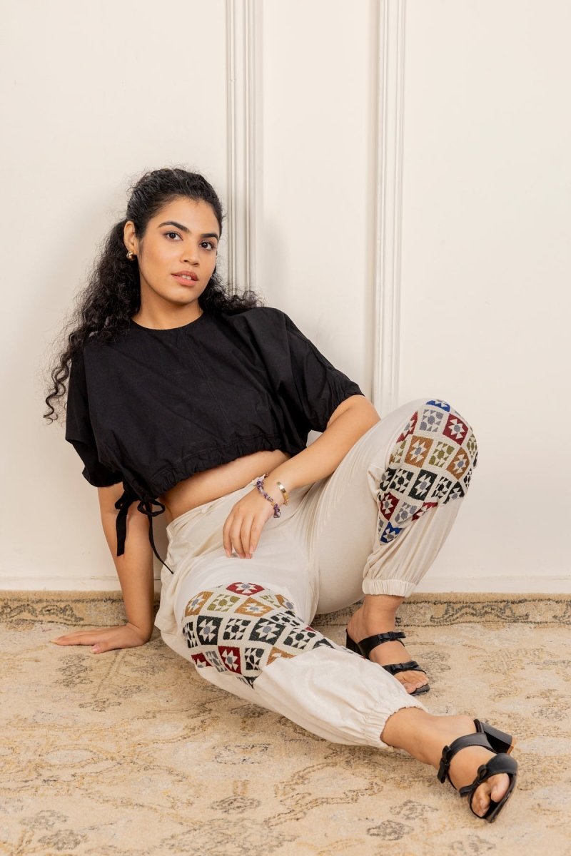 Geometric Patchwork Joggers - Cream | Yoga Wear - swadeshsouq.com