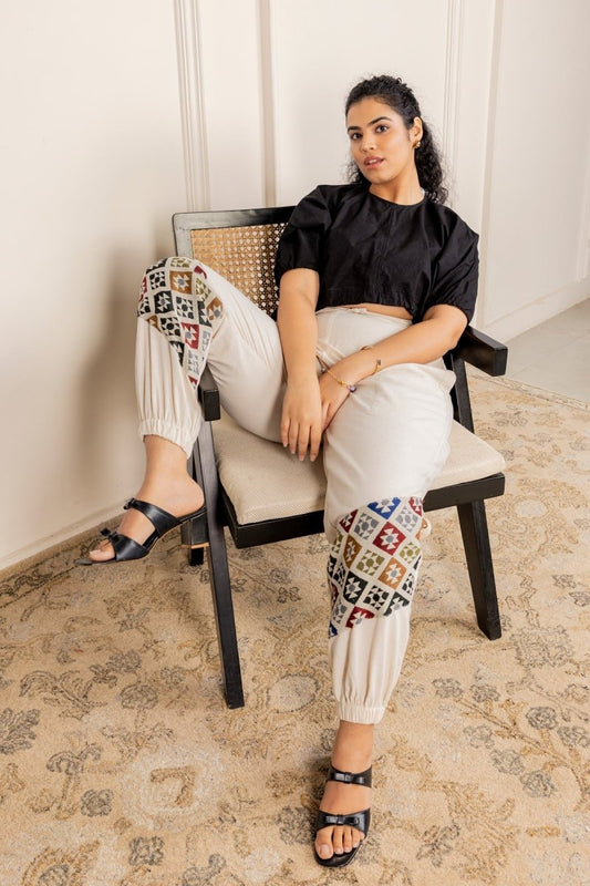 Geometric Patchwork Joggers - Cream | Yoga Wear - swadeshsouq.com