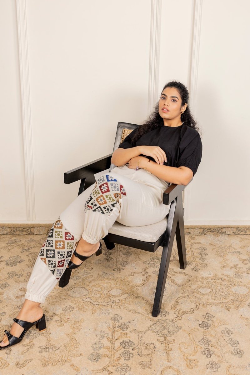 Geometric Patchwork Joggers - Cream | Yoga Wear - swadeshsouq.com