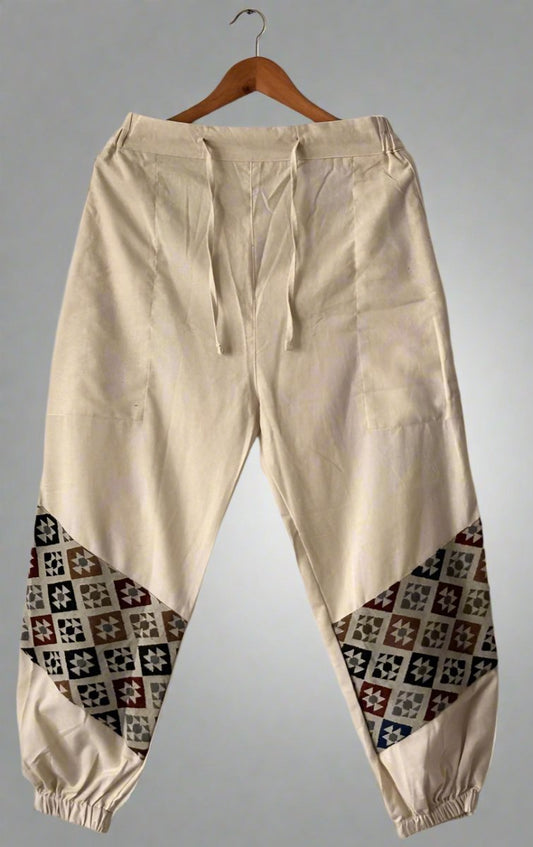 Geometric Patchwork Joggers - Cream | Yoga Wear - swadeshsouq.com