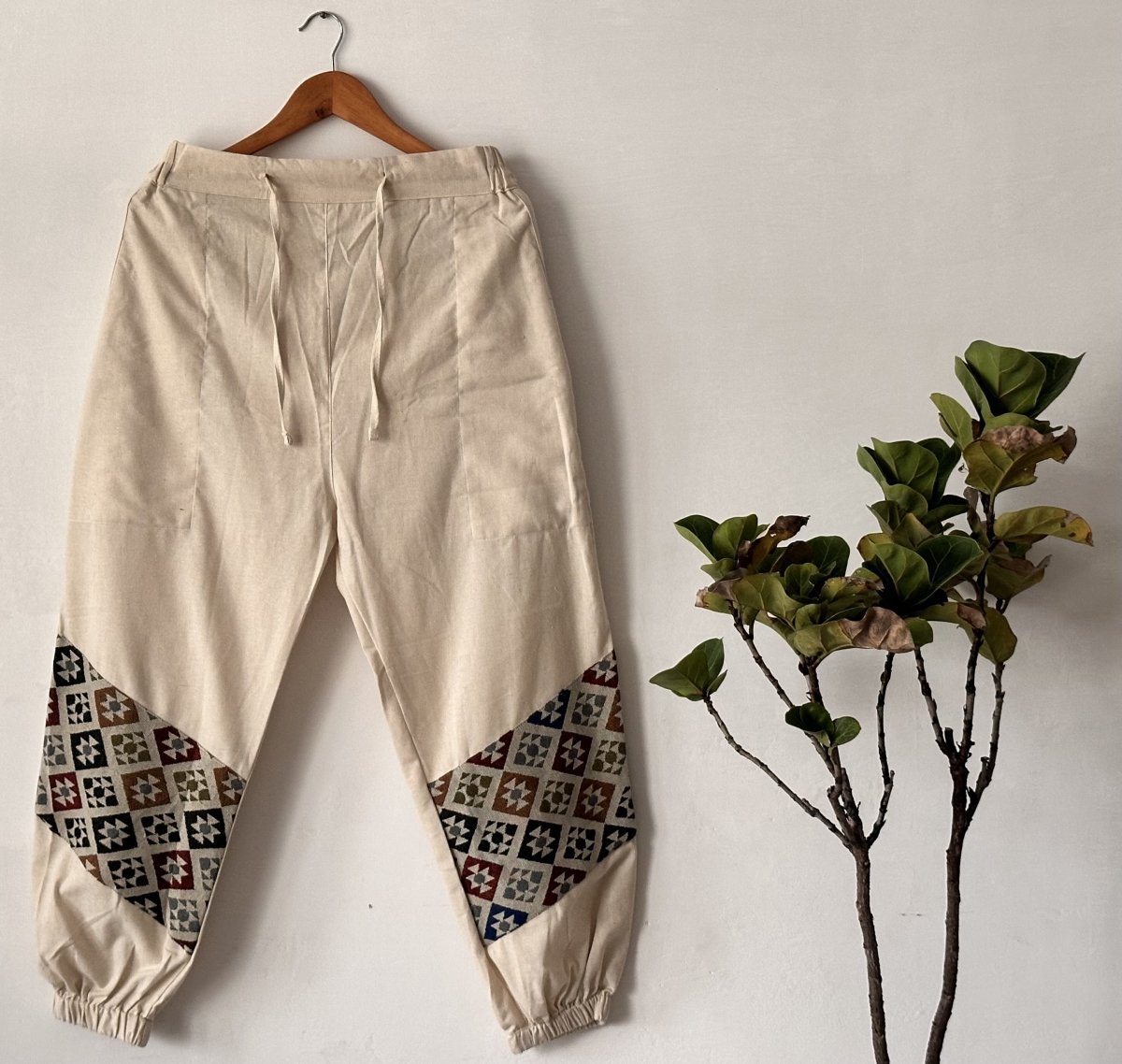 Geometric Patchwork Joggers - Cream | Yoga Wear - swadeshsouq.com