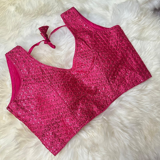 Glamorous Pink Designer Blouse with All - Over Sequins – Adjustable Fit (32 to 38) - swadeshsouq.com