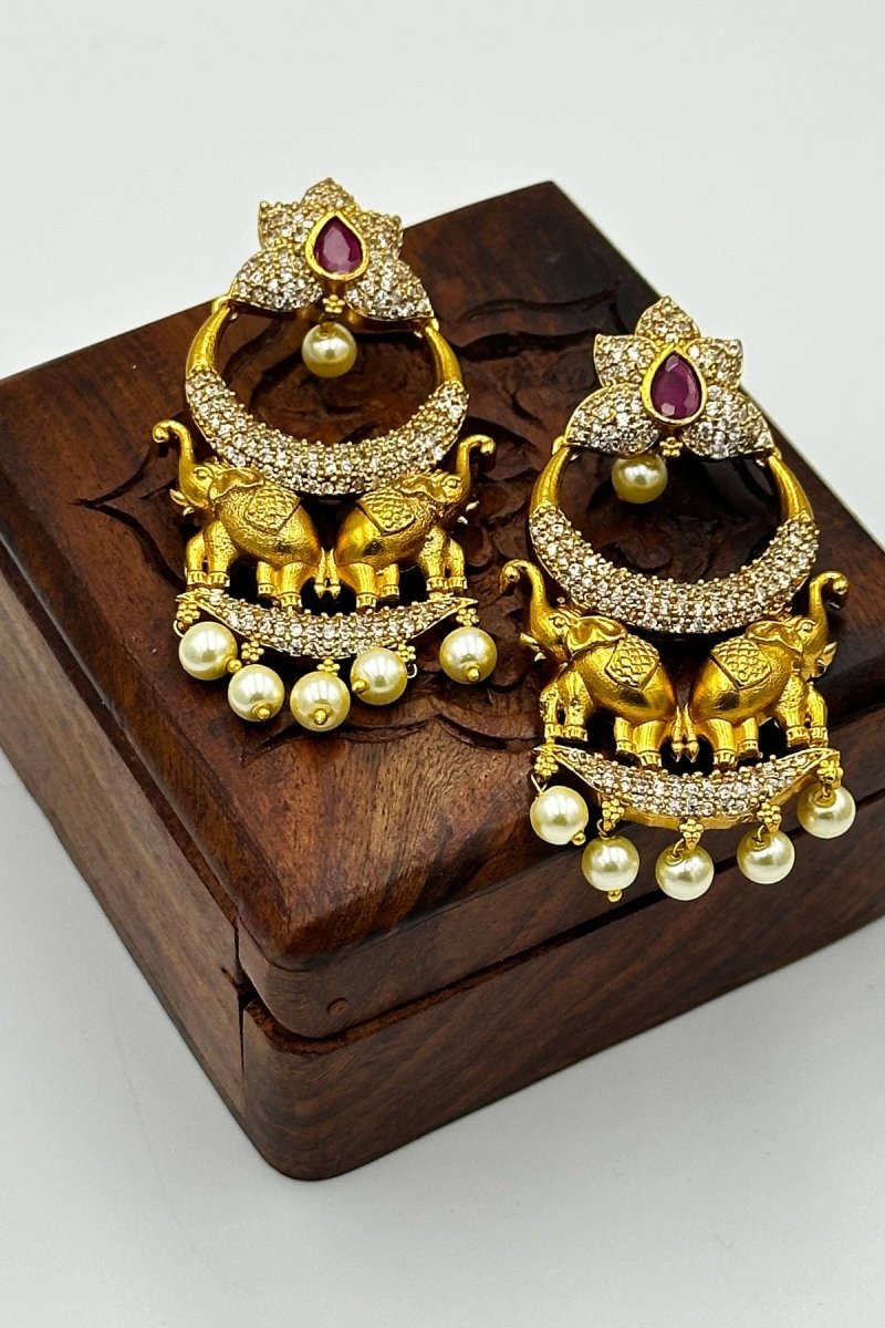 Gold Elephant Chandbali Earrings with Pearl Drops - swadeshsouq.com