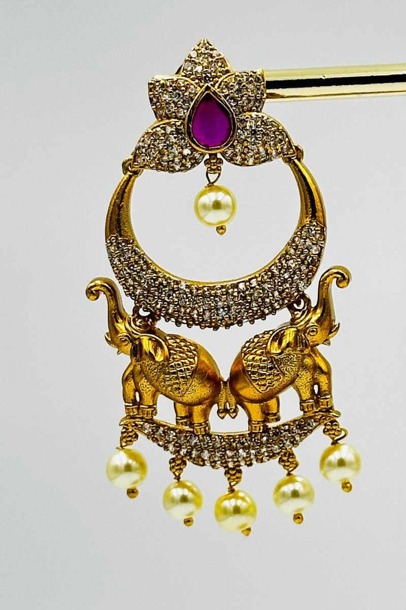 Gold Elephant Chandbali Earrings with Pearl Drops - swadeshsouq.com