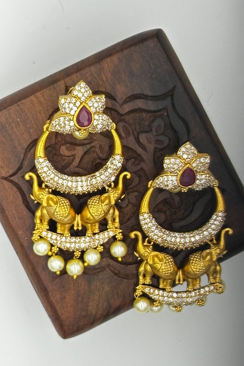 Gold Elephant Chandbali Earrings with Pearl Drops - swadeshsouq.com