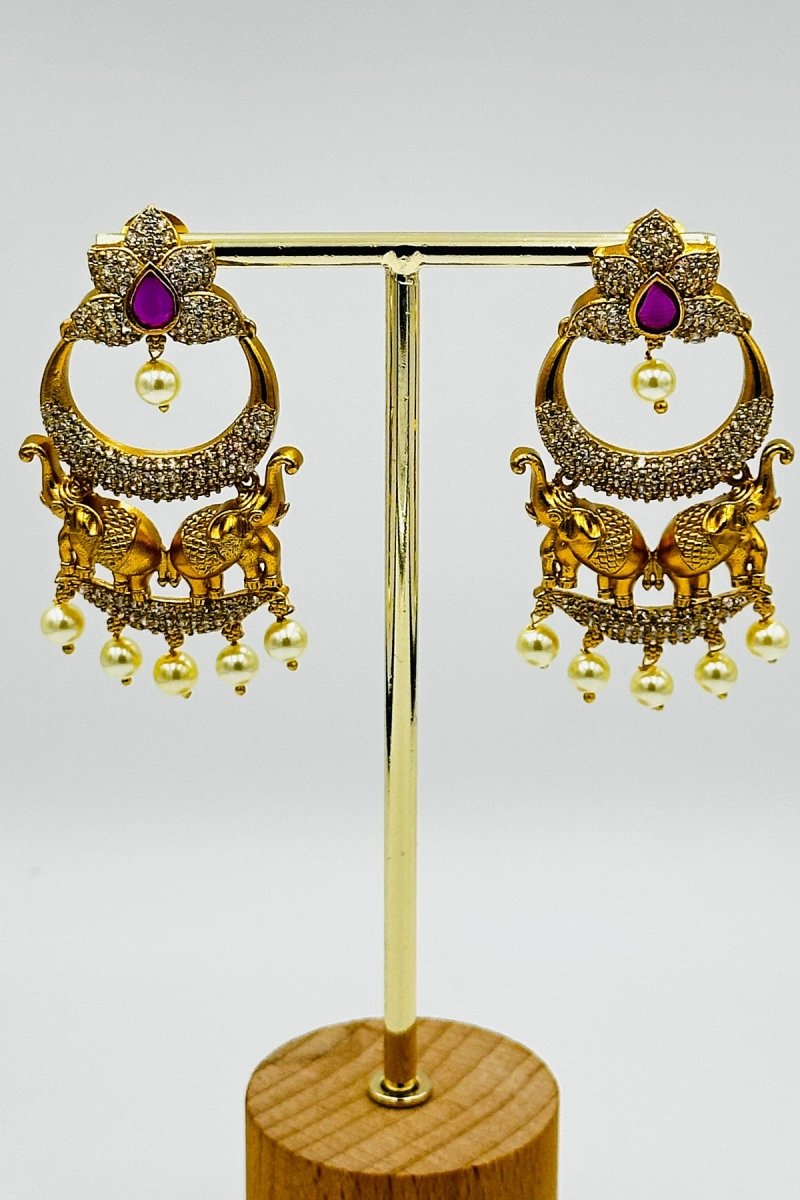 Gold Elephant Chandbali Earrings with Pearl Drops - swadeshsouq.com