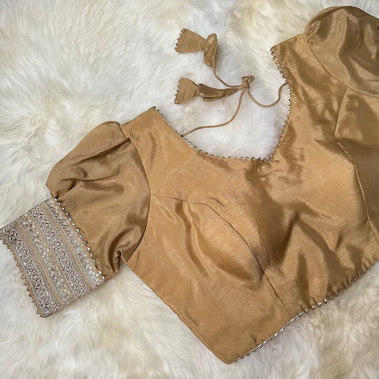 Golden Beige Silk Blouse with Puff Sleeves – Adjustable Fit (32 to 38) - swadeshsouq.com