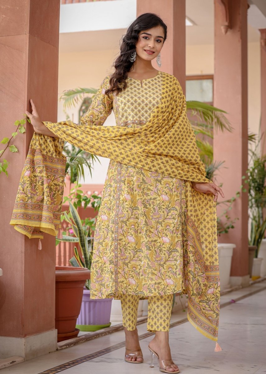 Golden Bloom Floral Cotton Kurta Pant Set with Dupatta - swadeshsouq.com