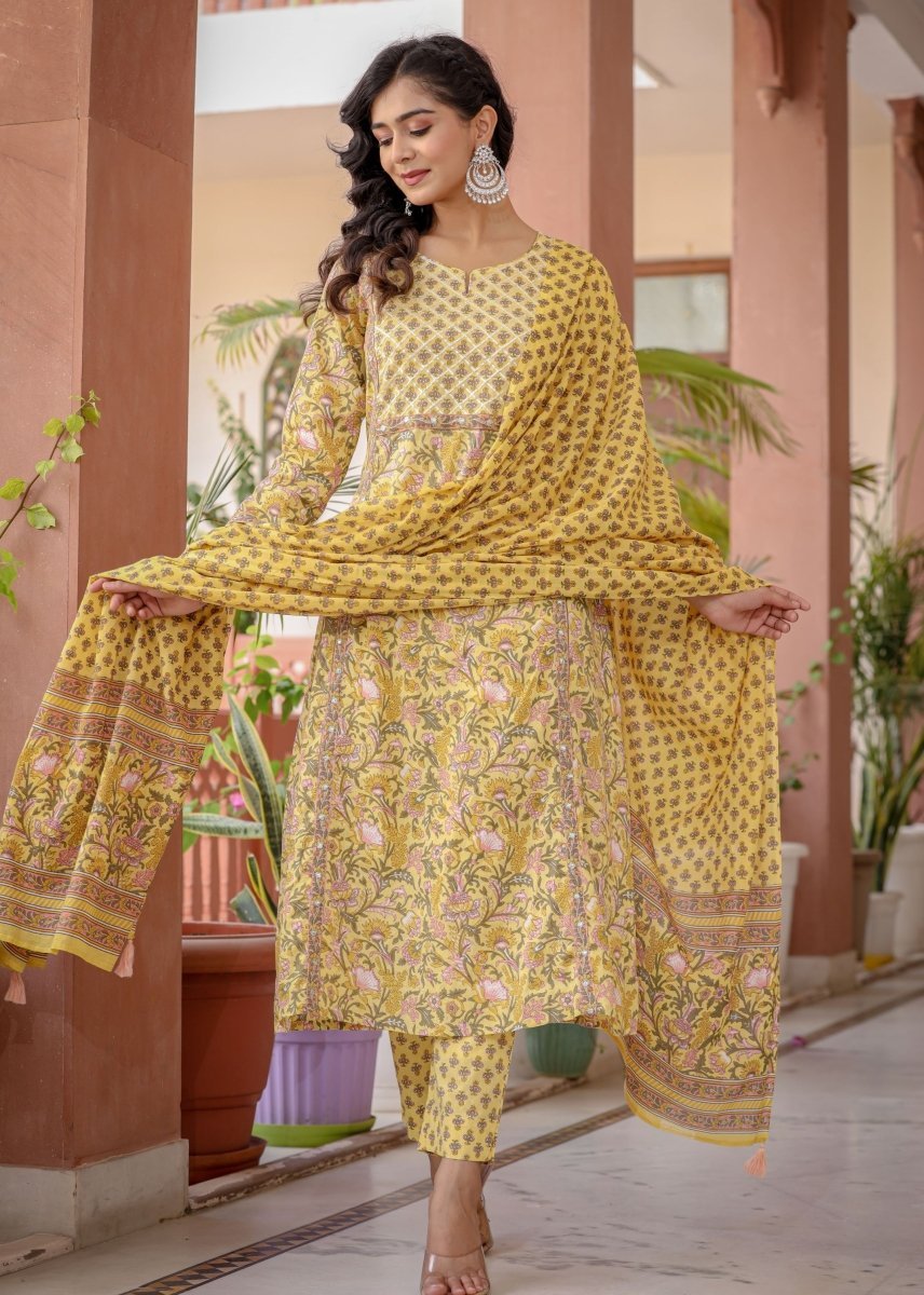 Golden Bloom Floral Cotton Kurta Pant Set with Dupatta - swadeshsouq.com