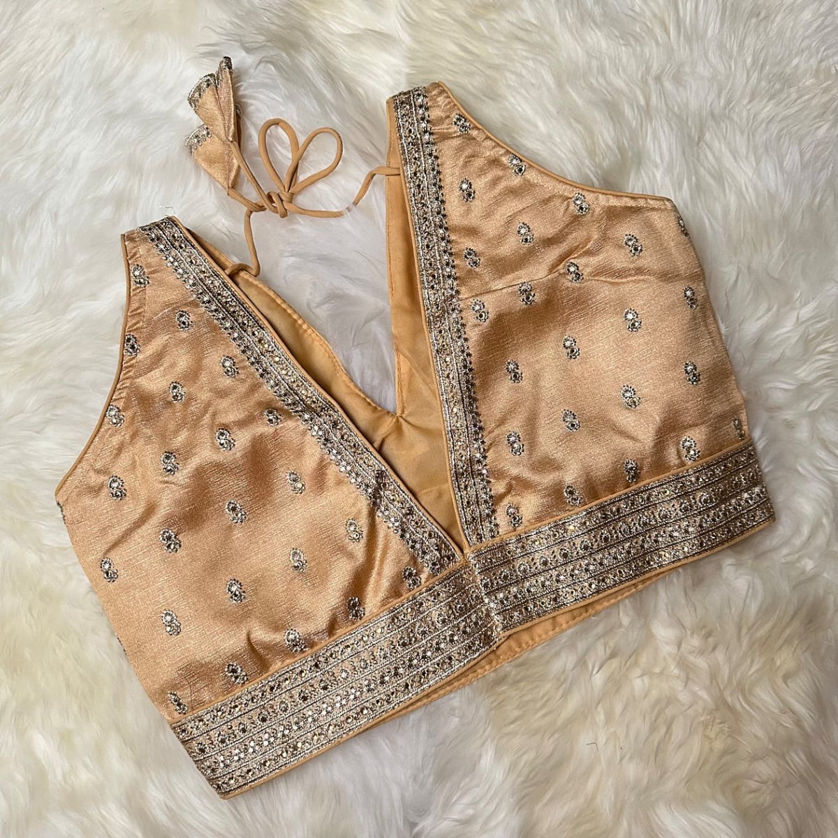 Golden Cream Silk Blouse with Delicate Embroidery & Stone Embellishments – Adjustable Fit (32 to 36) - swadeshsouq.com