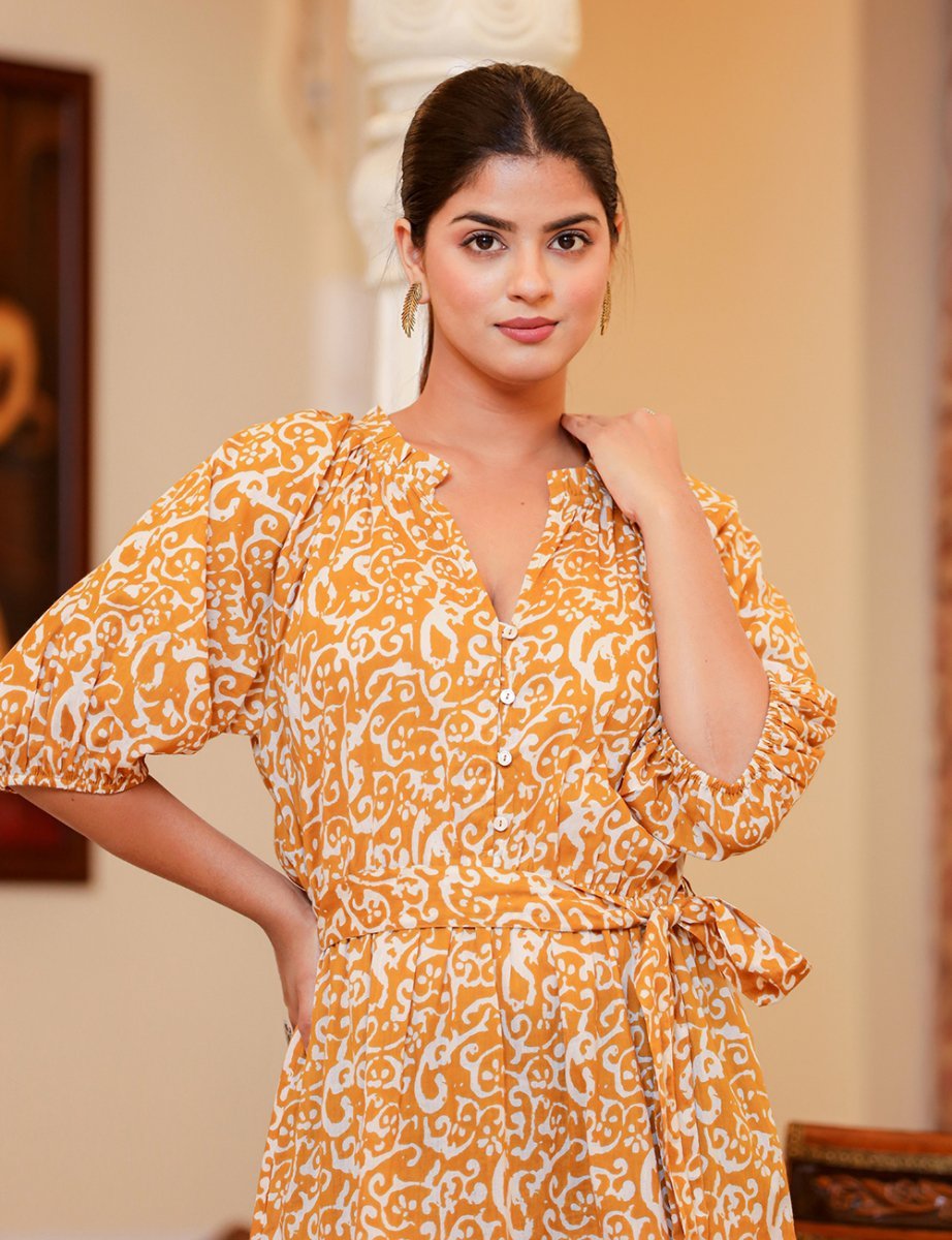 Golden Radiance Mustard Printed Cotton Melta Dress - swadeshsouq.com