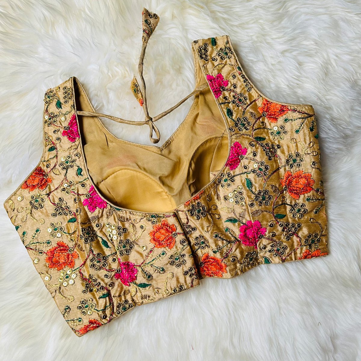 Golden Silk Blouse with Floral Embroidery – Pink & Orange Accents, Size 32 - 38 - swadeshsouq.com