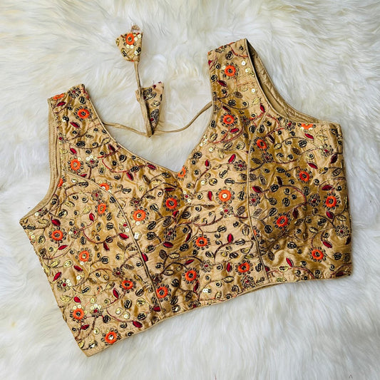 Golden Silk Blouse with Multicoloured Floral Embroidery – Festive Wear, Fits 32 - 38 - swadeshsouq.com