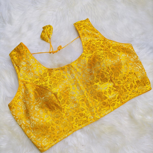 Golden Yellow Brocade Blouse with Included Sleeves - Radiant Elegance - swadeshsouq.com