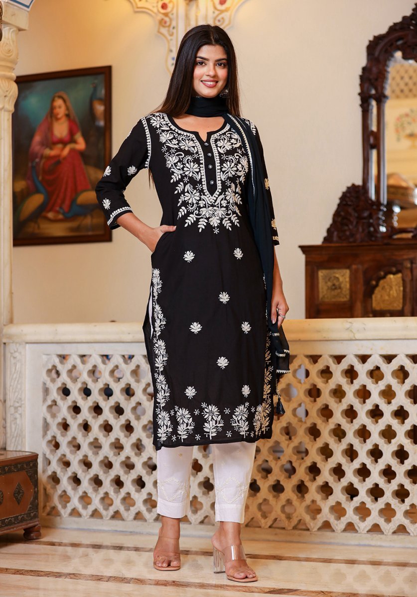 Graceful Black Lucknow Chikankari Kurta Pant Set with Dupatta - swadeshsouq.com