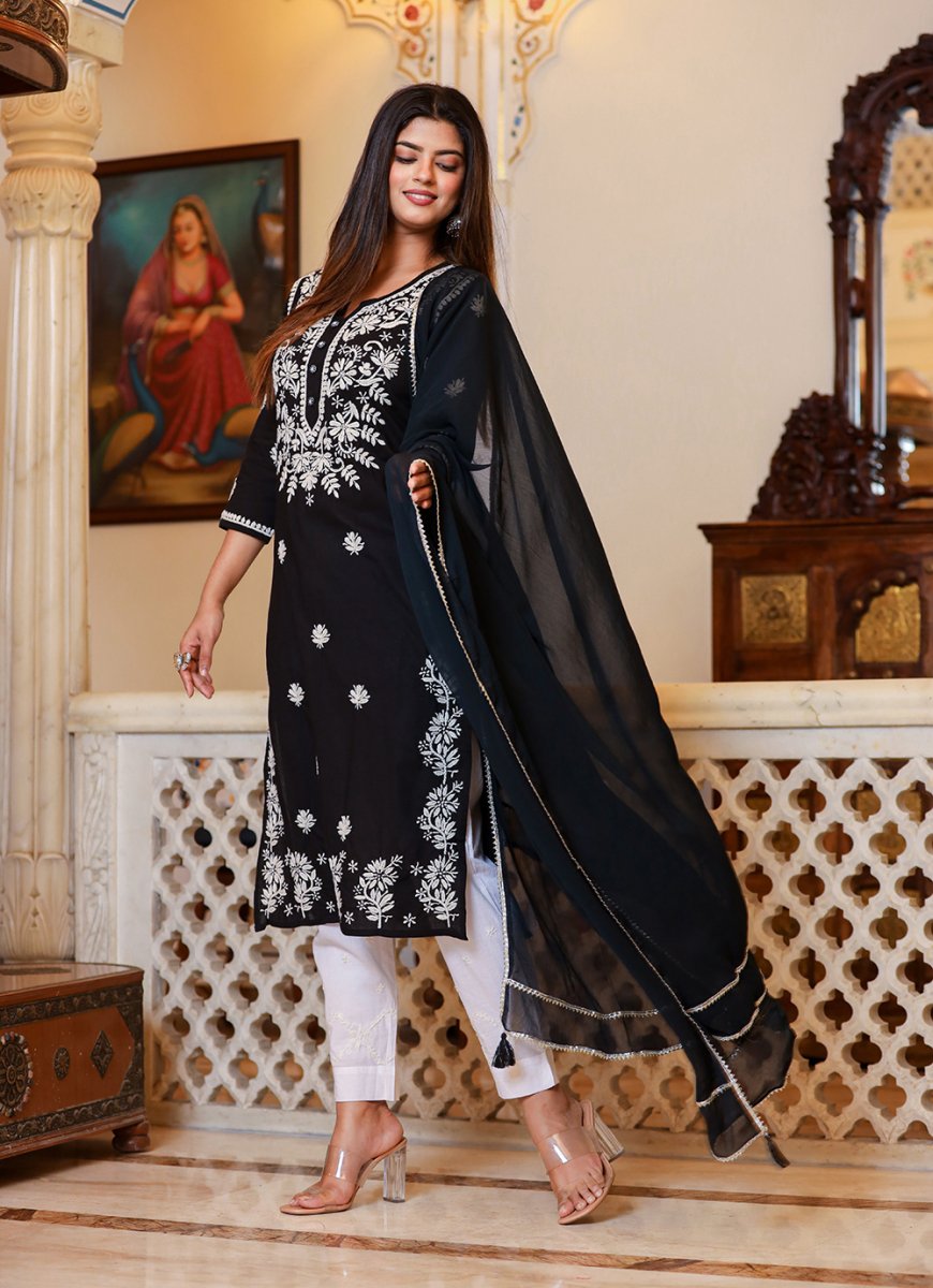 Graceful Black Lucknow Chikankari Kurta Pant Set with Dupatta - swadeshsouq.com