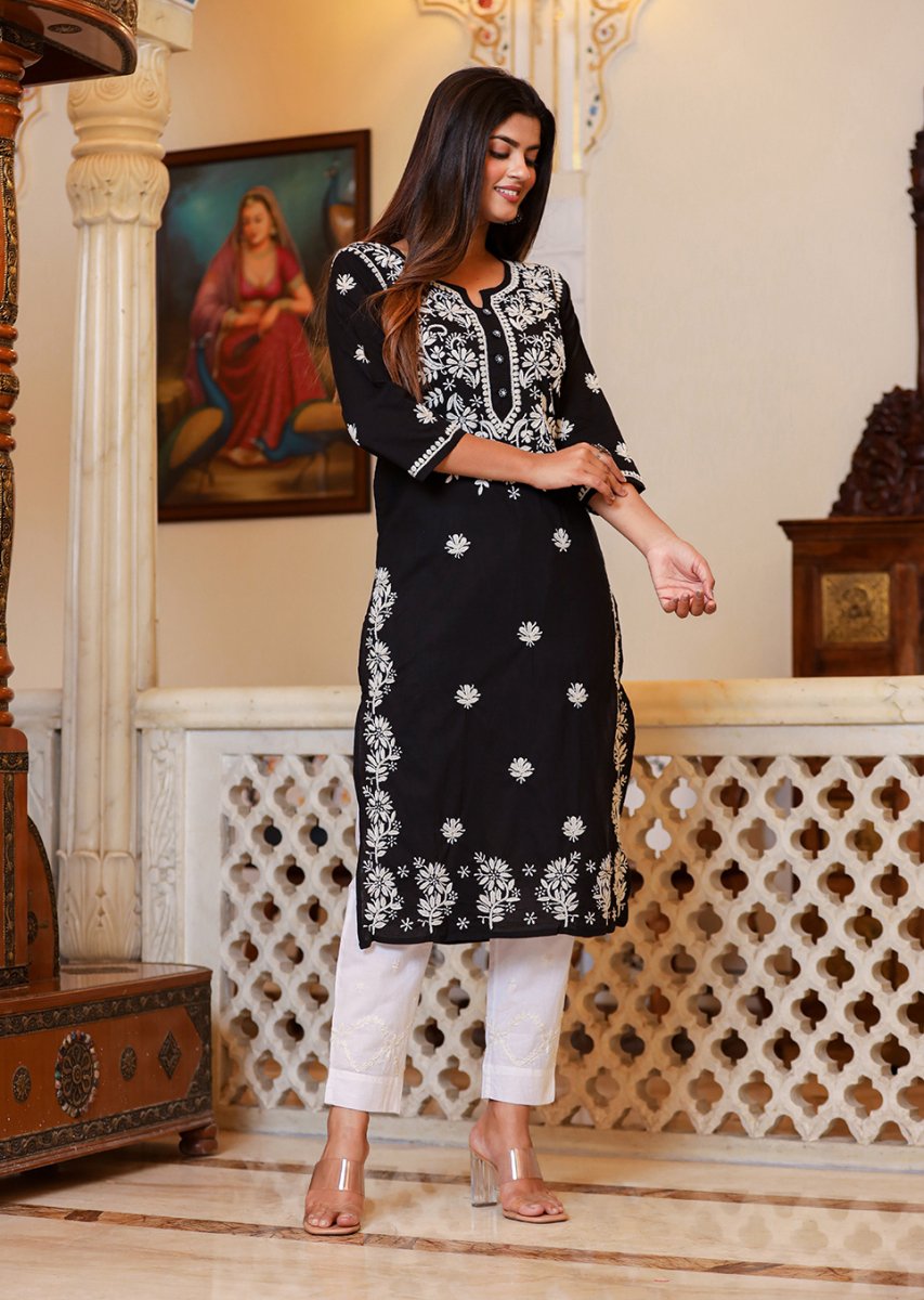 Graceful Black Lucknow Chikankari Kurta Pant Set with Dupatta - swadeshsouq.com