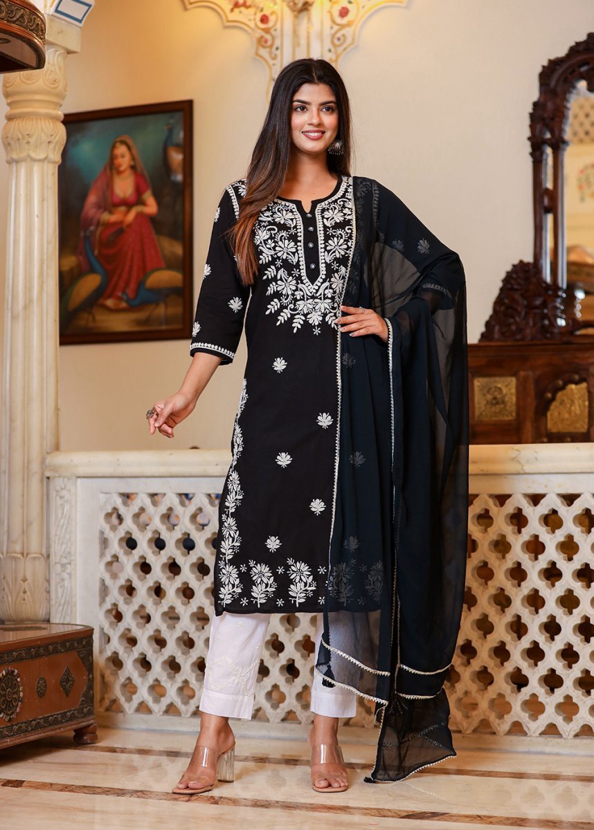 Graceful Black Lucknow Chikankari Kurta Pant Set with Dupatta - swadeshsouq.com