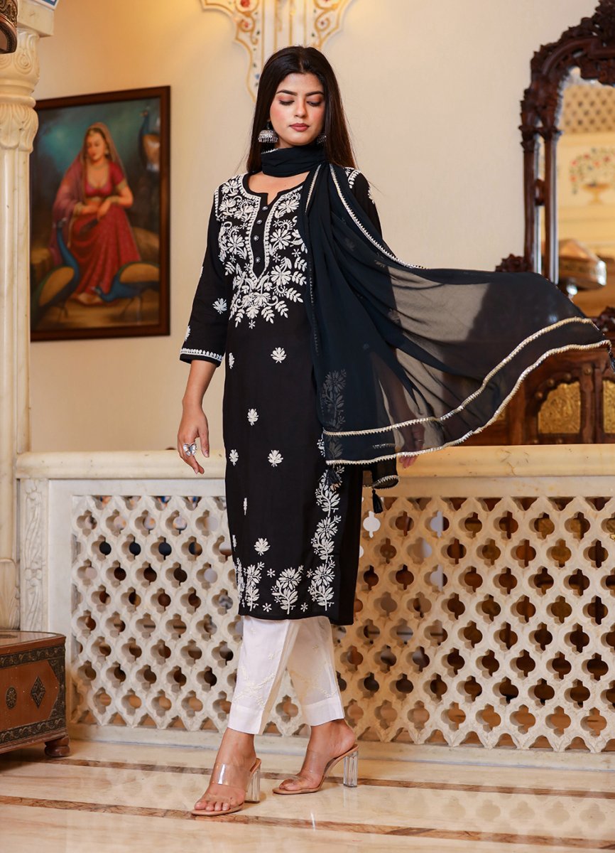 Graceful Black Lucknow Chikankari Kurta Pant Set with Dupatta - swadeshsouq.com