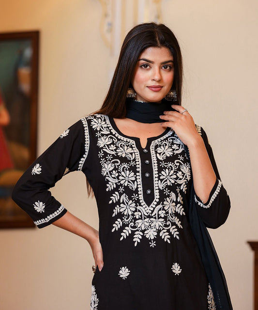 Graceful Black Lucknow Chikankari Kurta Pant Set with Dupatta - swadeshsouq.com