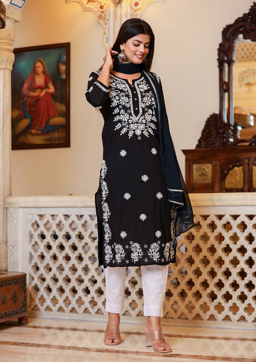 Graceful Black Lucknow Chikankari Kurta Pant Set with Dupatta - swadeshsouq.com