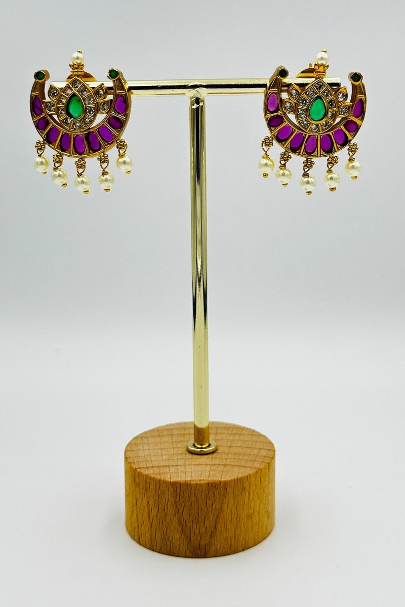 Graceful Chandbali Earrings with Green and Purple Accents and Pearl Drops - swadeshsouq.com