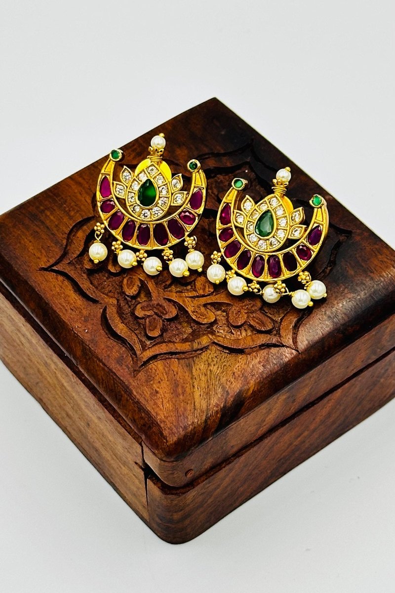 Graceful Chandbali Earrings with Green and Purple Accents and Pearl Drops - swadeshsouq.com