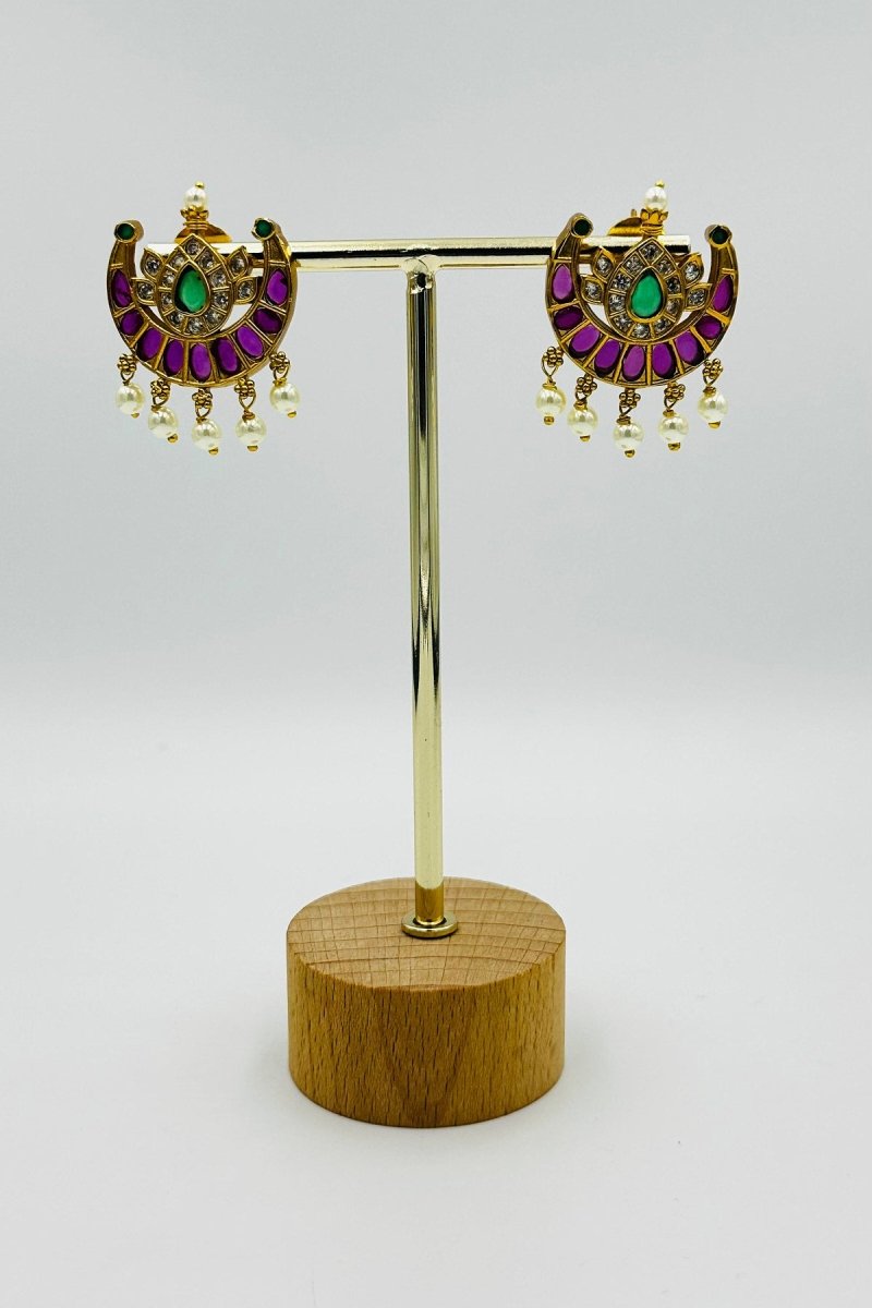 Graceful Chandbali Earrings with Green and Purple Accents and Pearl Drops - swadeshsouq.com